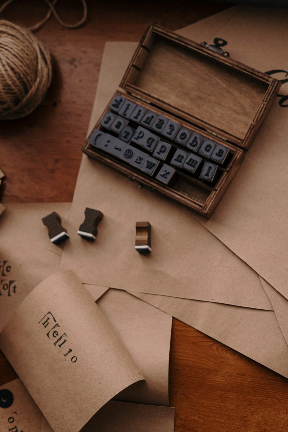 stationary and some letter stamos in a wooden box